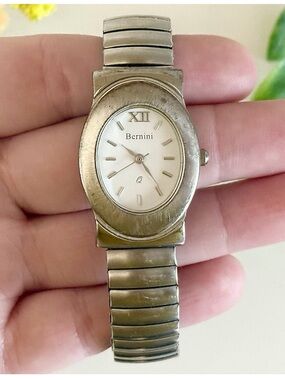 Vintage German Bernini Thick Oval White Dial Classic Silver Expansion Band Watch